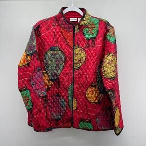 Chico's Red Silk Quilted Asian Taiwanese Chinese Lantern Art Jacket‎